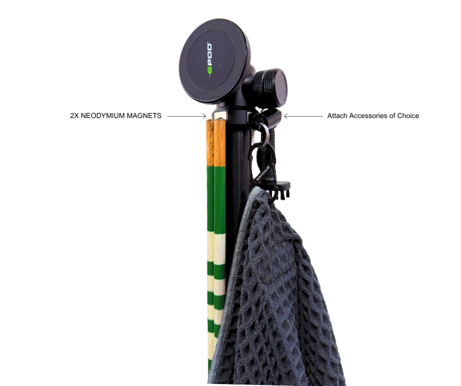 The GPOD GOLF GPOD Pauly P is a black vertical stand with a round top, two neodymium magnets for mounting your device, and an attached gray towel—ideal for attaching accessories and perfect for golf swing analysis.