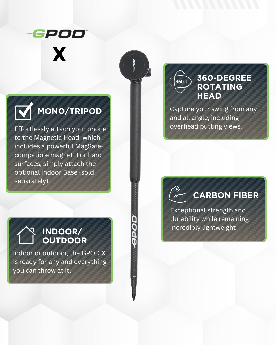 The GPOD GOLF GPOD X is a carbon fiber MagSafe-compatible golf accessory with a magnetic mono/tripod, 360° rotating head, ideal for indoor or outdoor use.