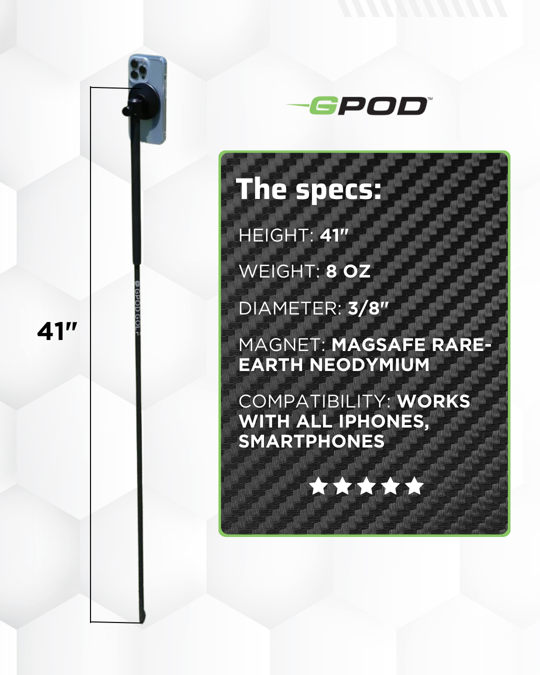 A 41-inch black GPOD by GPOD GOLF with a mounted smartphone is displayed beside a chart outlining its height, weight, compatibility, and magnet type for effortless Golf Swing Video Capture.