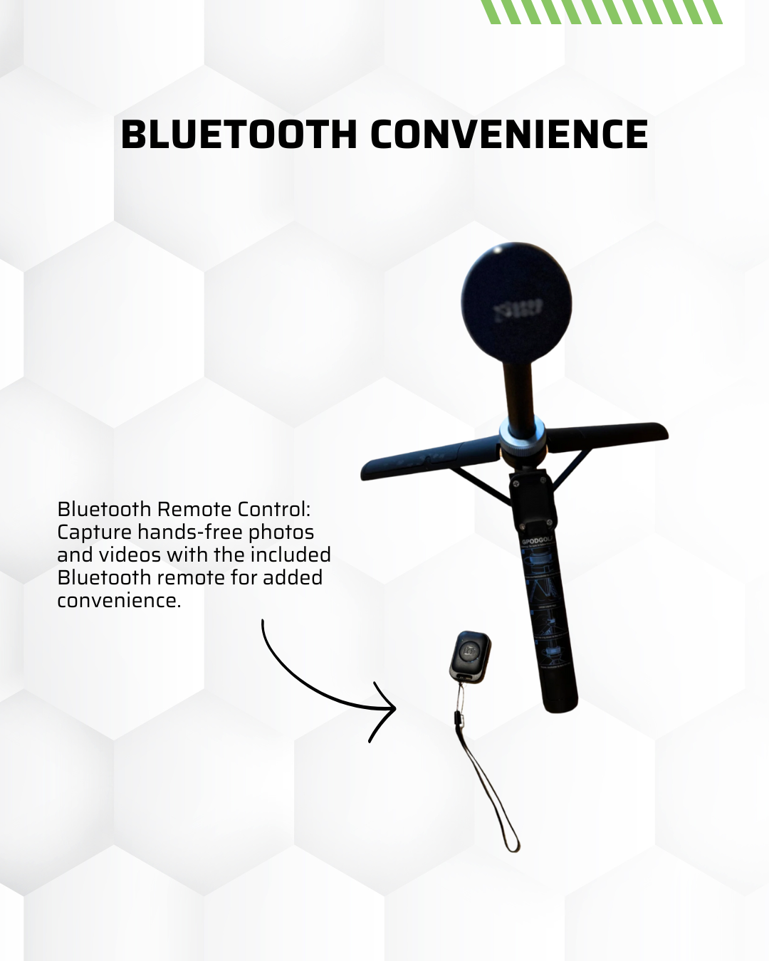 The GPOD GOLF GPOD Travel + Sportsbox 3D Player Annual + Swing Analysis is shown: a black tripod selfie stick with phone holder and Bluetooth remote, ideal for golf swing analysis, on a white hexagonal background.