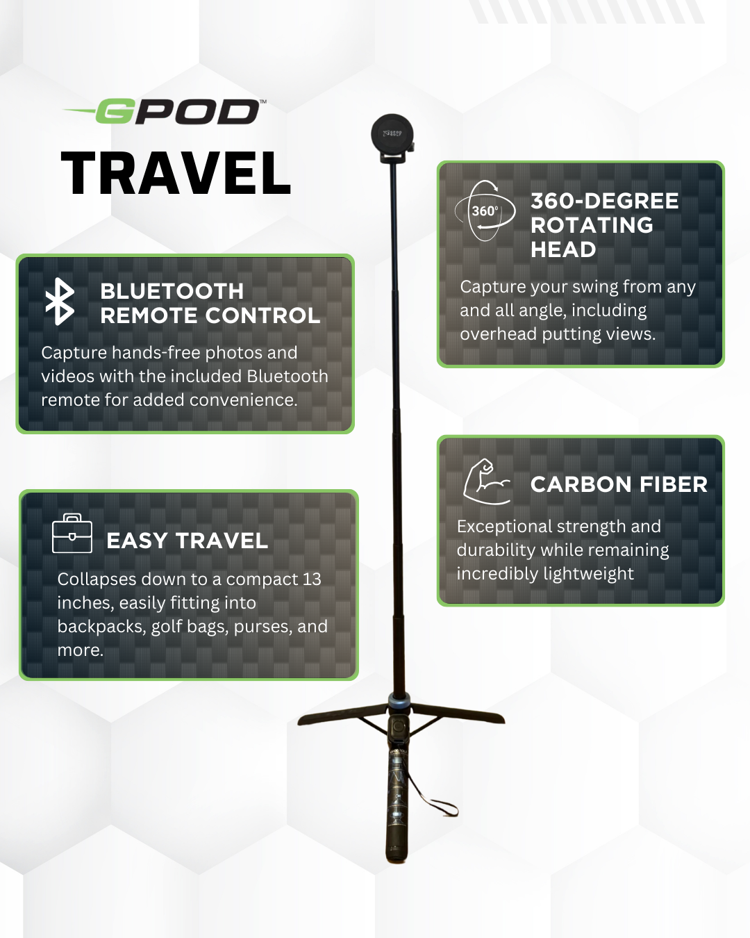 The GPOD GOLF GPOD Travel + Sportsbox 3D Player Annual + Swing Analysis is a tall, collapsible carbon fiber tripod with a rotating head and Bluetooth remote—ideal for golf swing analysis. Four key features are highlighted around the image.