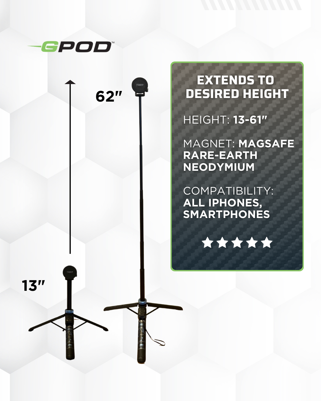 The GPOD GOLF GPOD Travel + Sportsbox 3D Player Annual + Swing Analysis includes two collapsible stands (13" & 62") with MagSafe neodymium magnets, fully compatible with all smartphones—ideal for golf swing analysis or use with the GPOD Travel tripod.