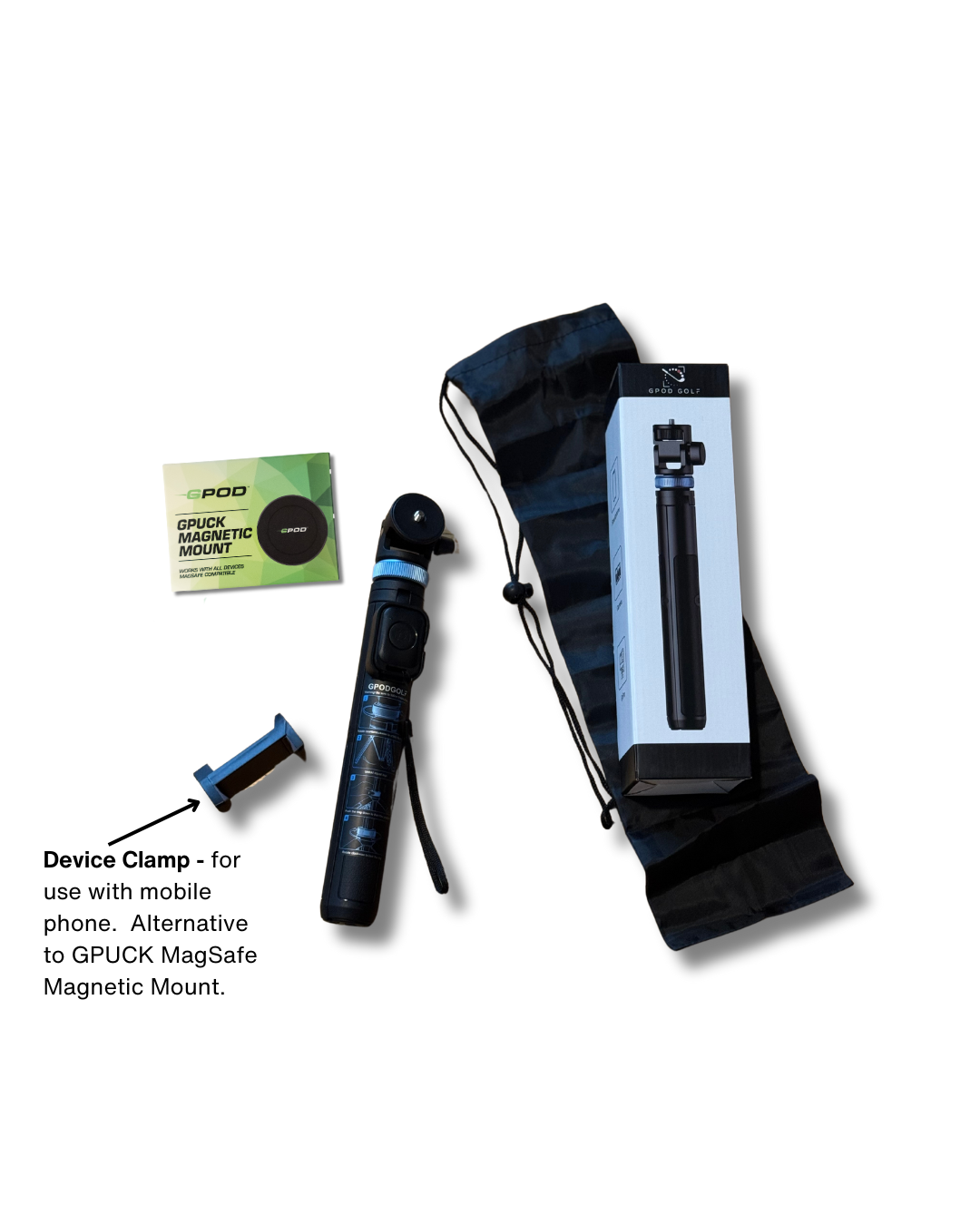 The GPOD GOLF GPOD Travel + Sportsbox 3D Player Annual + Swing Analysis kit includes a clamp, boxed product, pouch, and instruction card—perfect for golf swing analysis or use with your Sportsbox Mobile Bundle.