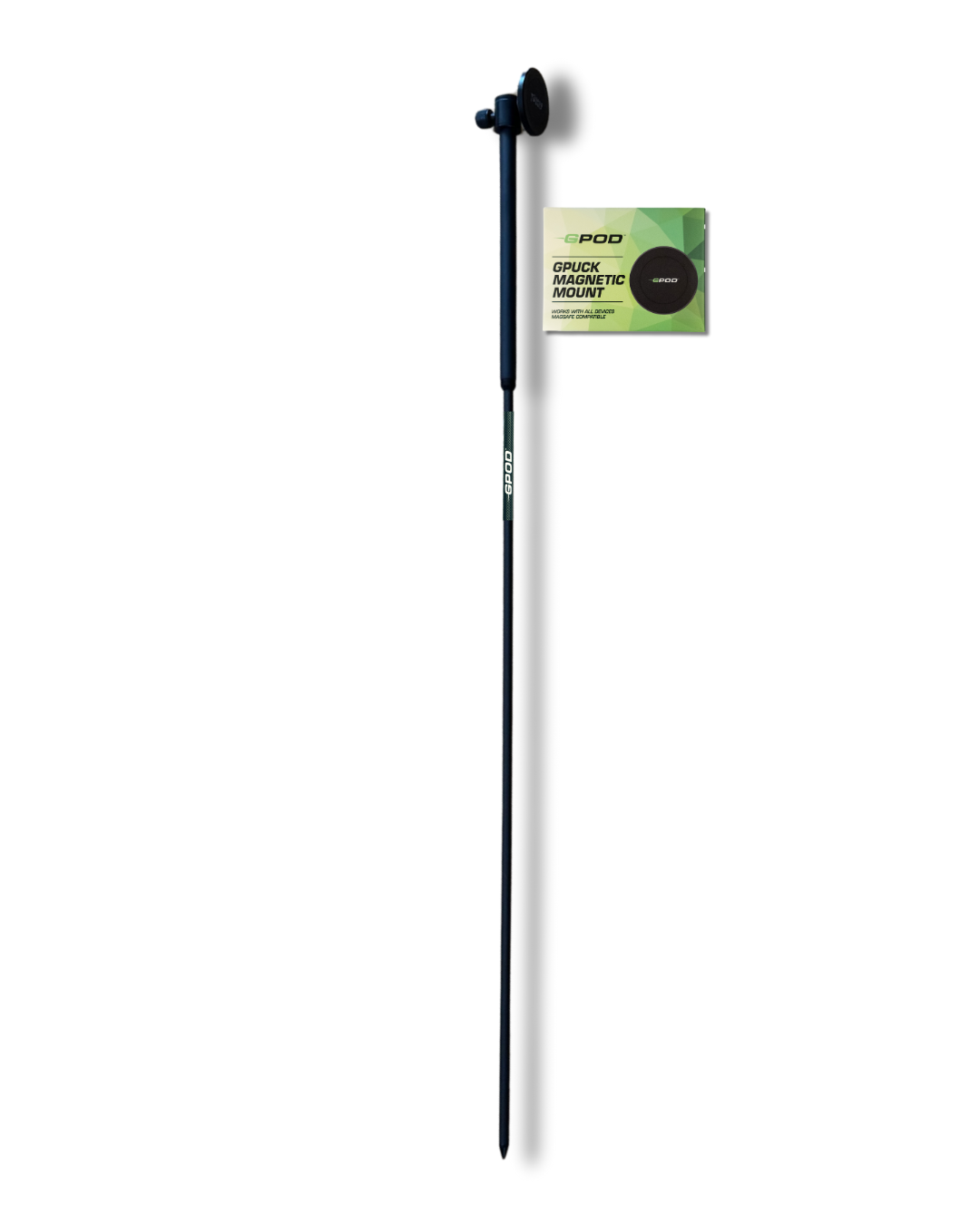 The GPOD by GPOD GOLF is a long black ground mounting stake with a suction cup and green-labeled card, ideal as a Magnetic Golf Monopod for easy golf swing video capture on the course.