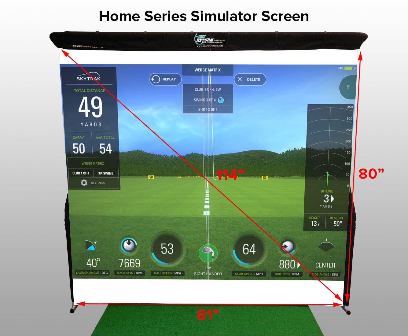 Golf simulator screen displaying distance, club info, and launch angles. Dimensions are 114" diagonal, 81" width, and 80" height.