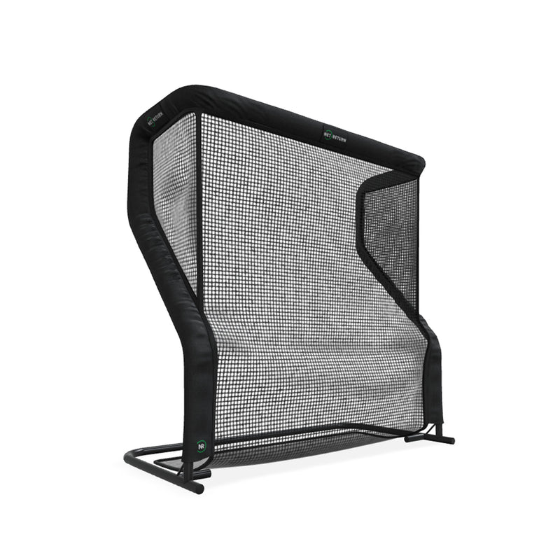 A black and gray sports rebounder net with a sturdy frame and protective padding.