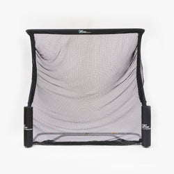 A black sports net with a mesh center and cylindrical base supports, designed for practicing various sports.
