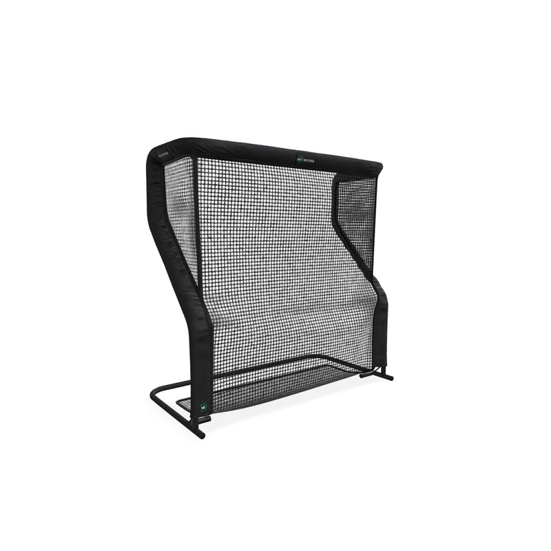 Black net rebounder with a sturdy frame designed for sports practice, featuring a rectangular mesh surface for bouncing balls back to the player.