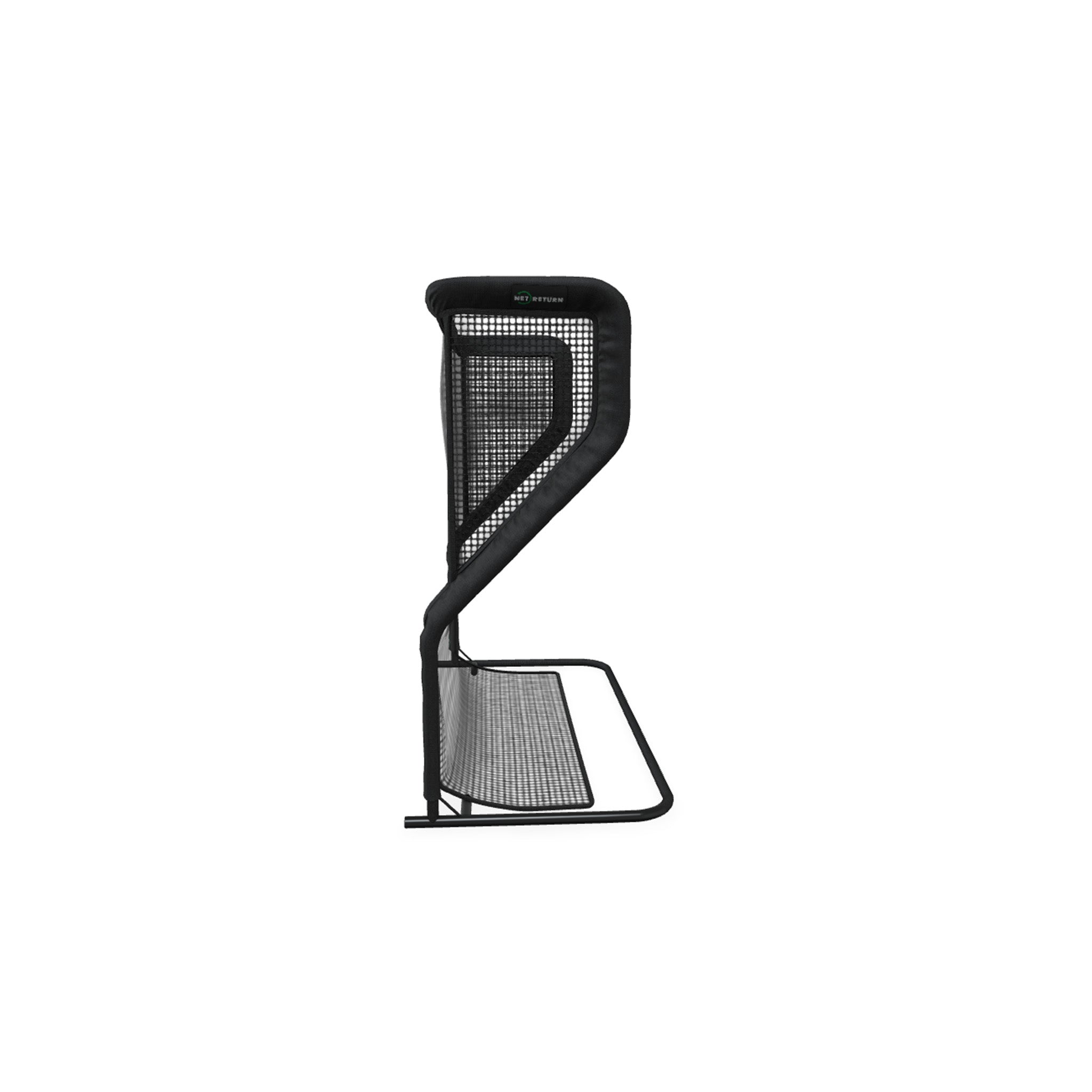 A side view of a black L-shaped golf pitching screen with netting on a white background.