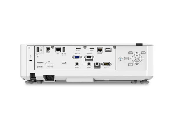 Rear view of a projector showing various input ports, including HDMI, VGA, USB, LAN, and audio connections, along with control buttons and power input.