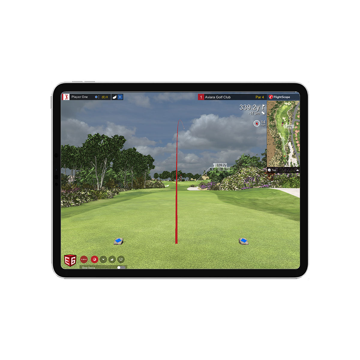 The FlightScope Mevo+ tablet screen displays a golf simulation game with virtual courses, a red trajectory line over the landscape, and a mini-map on the right.