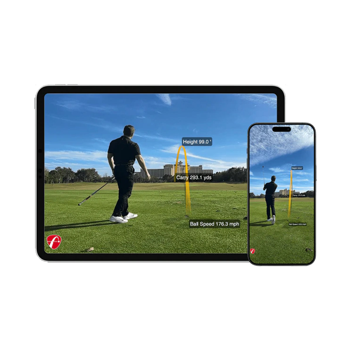 On a sunny day, a golfer swings, recorded in action video clips on a tablet and smartphone using the FlightScope Mevo+ from FlightScope Golf. The device displays metrics like height, carry distance, and ball speed.