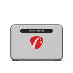 The sleek gray FlightScope Mevo+ by FlightScope Golf features advanced Fusion Tracking technology, multiple indicator lights on top, and a camera lens on the right, making it ideal for capturing action video clips on simulated golf courses.