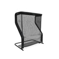 A black, freestanding sports rebound net with a rectangular frame on a flat base.