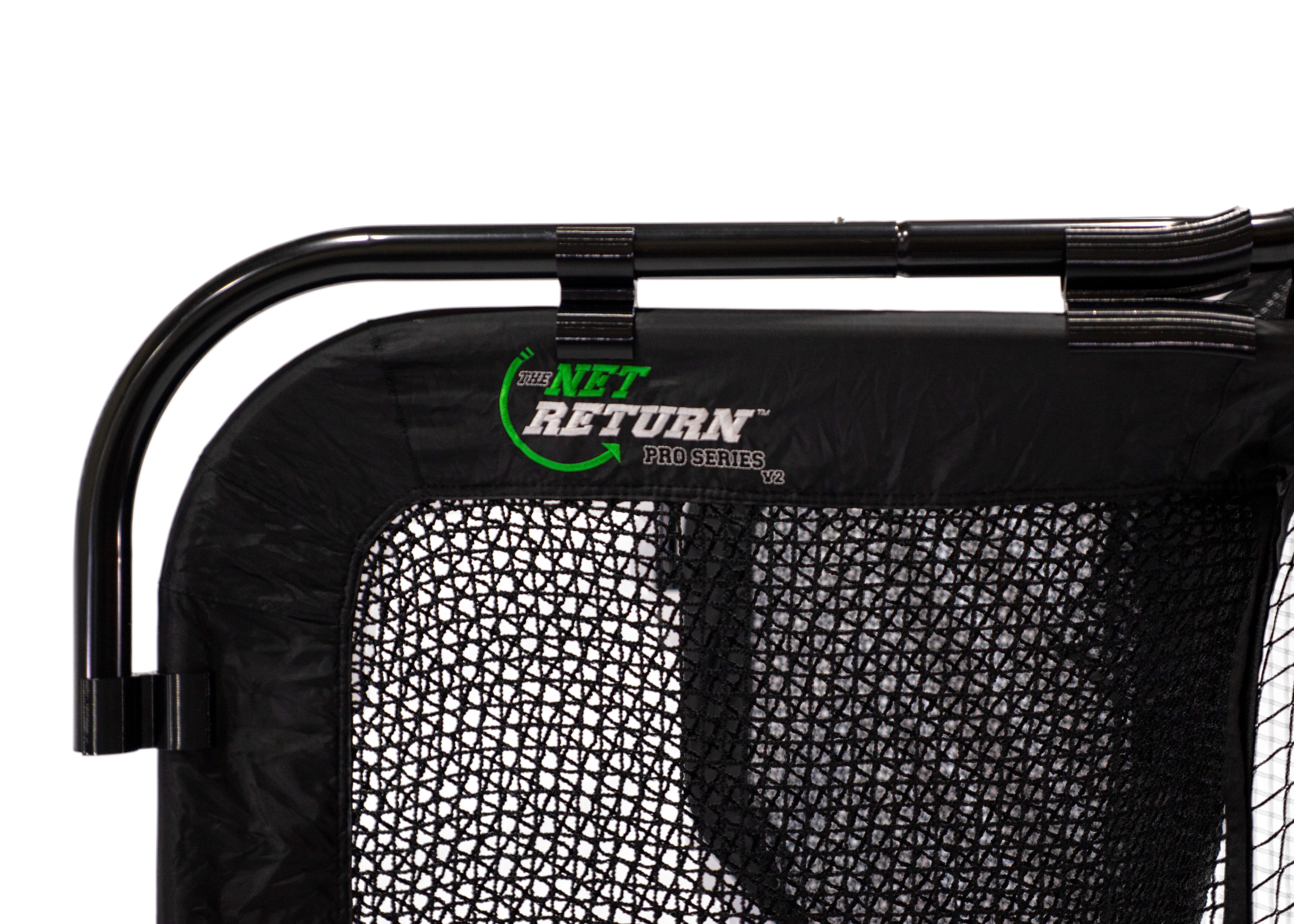 Close-up of a black netted sports equipment, featuring the 'Net Return Pro Series' logo on the frame.
