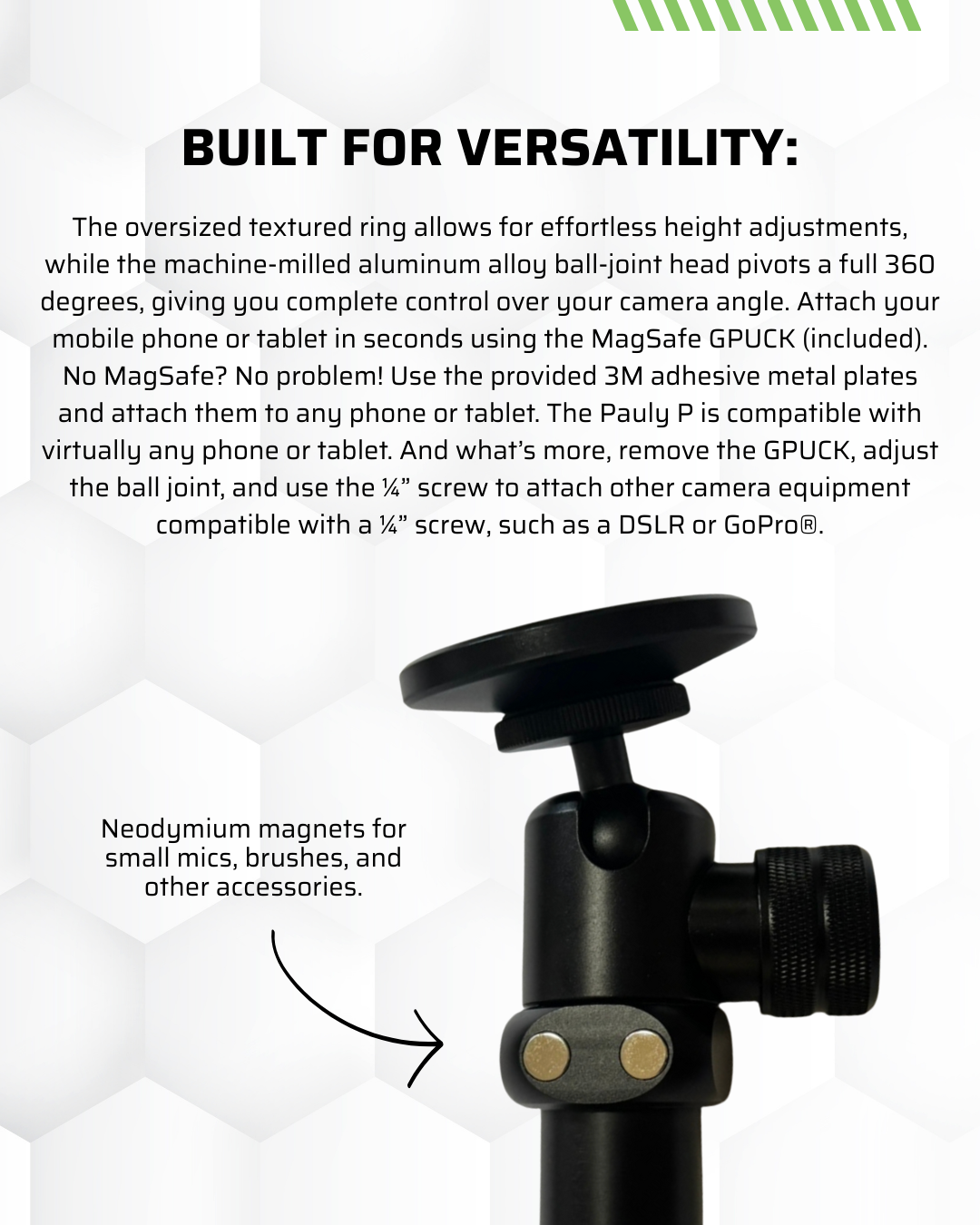 The GPOD GOLF GPOD Pauly P features a textured adjustment ring, MagSafe pad, and labeled neodymium magnets—perfect as a magnetic phone mount or for attaching golf accessories for swing analysis.