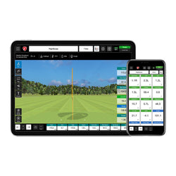 Tablet and smartphone showing FlightScope Golf's Pro Package, featuring golf tracking software with numerical data, a simulated golf course, and 3D club animations to enhance analysis.