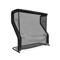Golf goal backstop with a black frame and netted barrier designed to catch stray pucks.