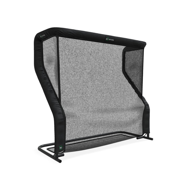 Golf goal backstop with a black frame and netted barrier designed to catch stray pucks.