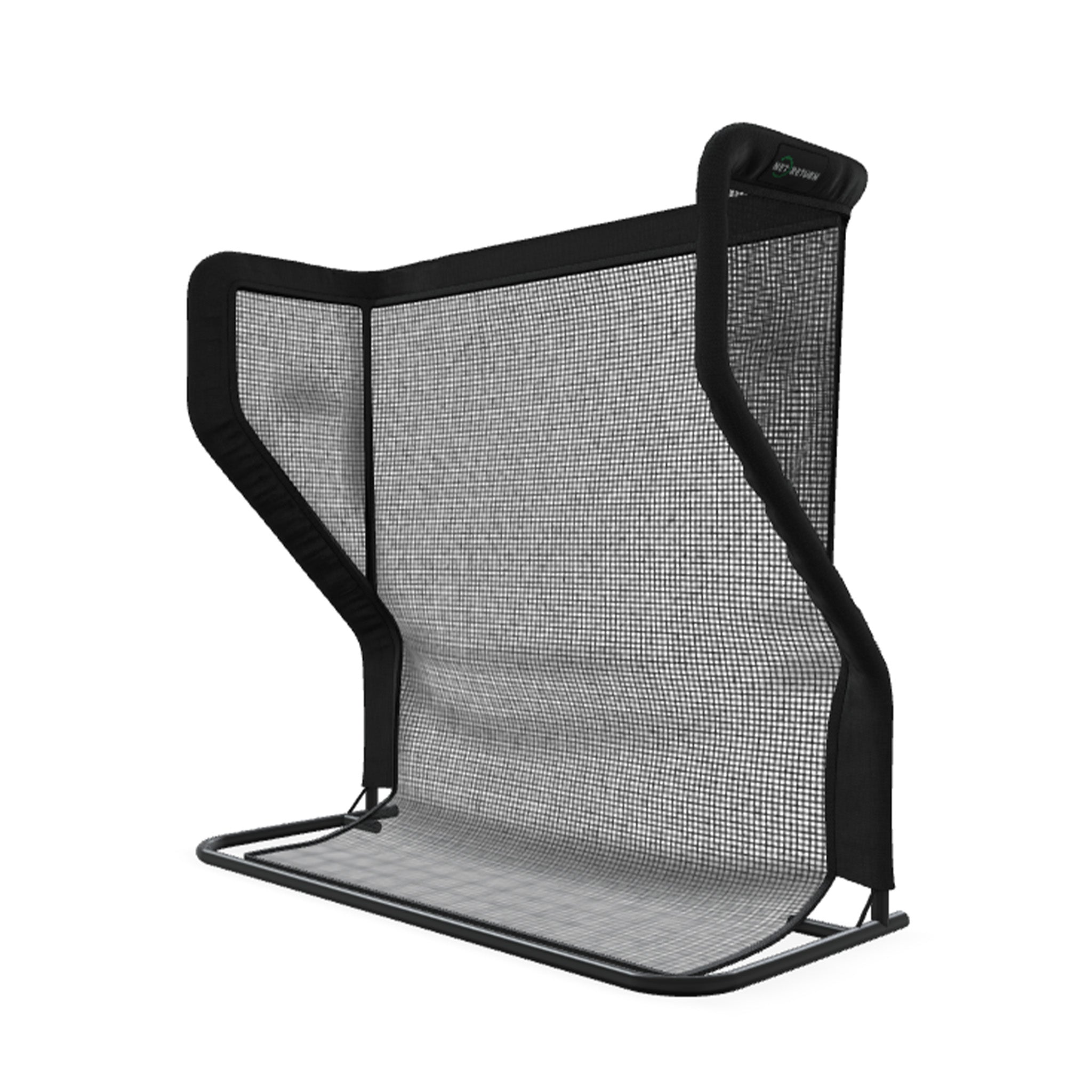 A black mesh back support with a sturdy metal frame, designed for ergonomic seating.