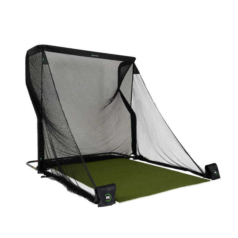 The Net Return Pro 8 Package — Pro 8 net with turf and side barriers, angled view