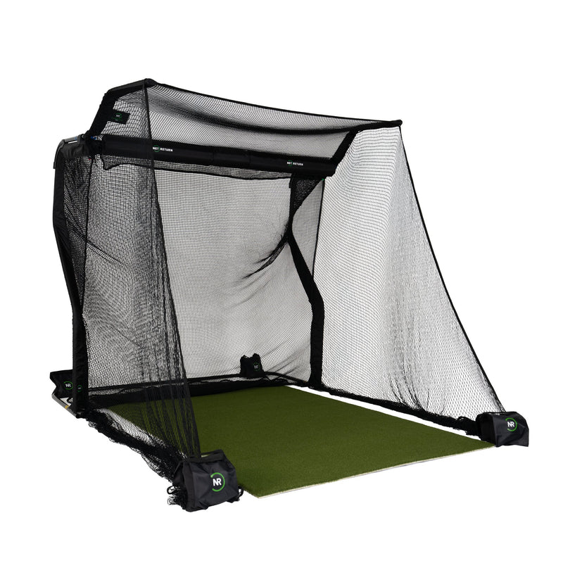 The Net Return Pro 8 No Fly Zone Package — net with No Fly Zone, turf and side barriers, angled view