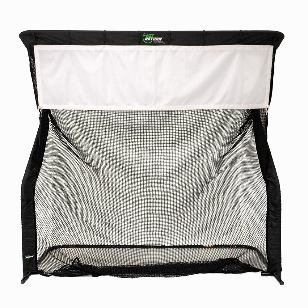 A large golf practice net with a black frame and white target sheet, designed for catching balls during practice sessions.