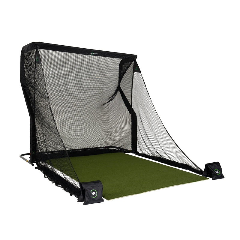 The Net Return Pro Package — Pro net with turf and side barriers, angled view