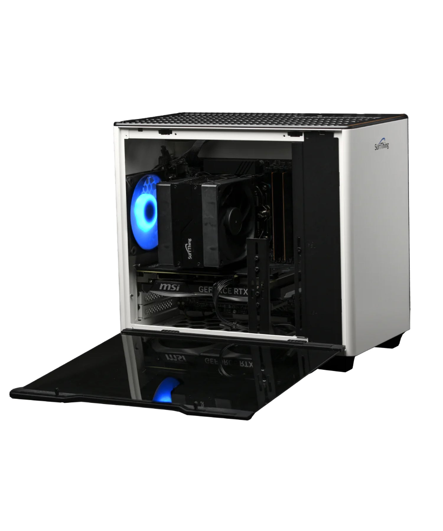 Open desktop computer case with visible internal components, including a glowing blue fan, graphics card, and power supply unit. The side panel is removed and leaning against the case.