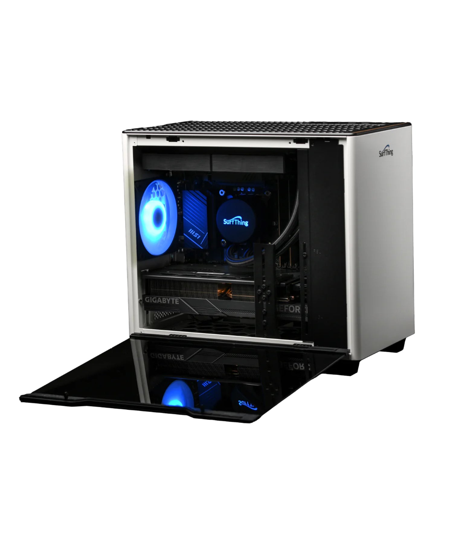 Gaming PC with transparent side panel, displaying internal components like cooling fans, power supply, and graphics card, with a side door open.
