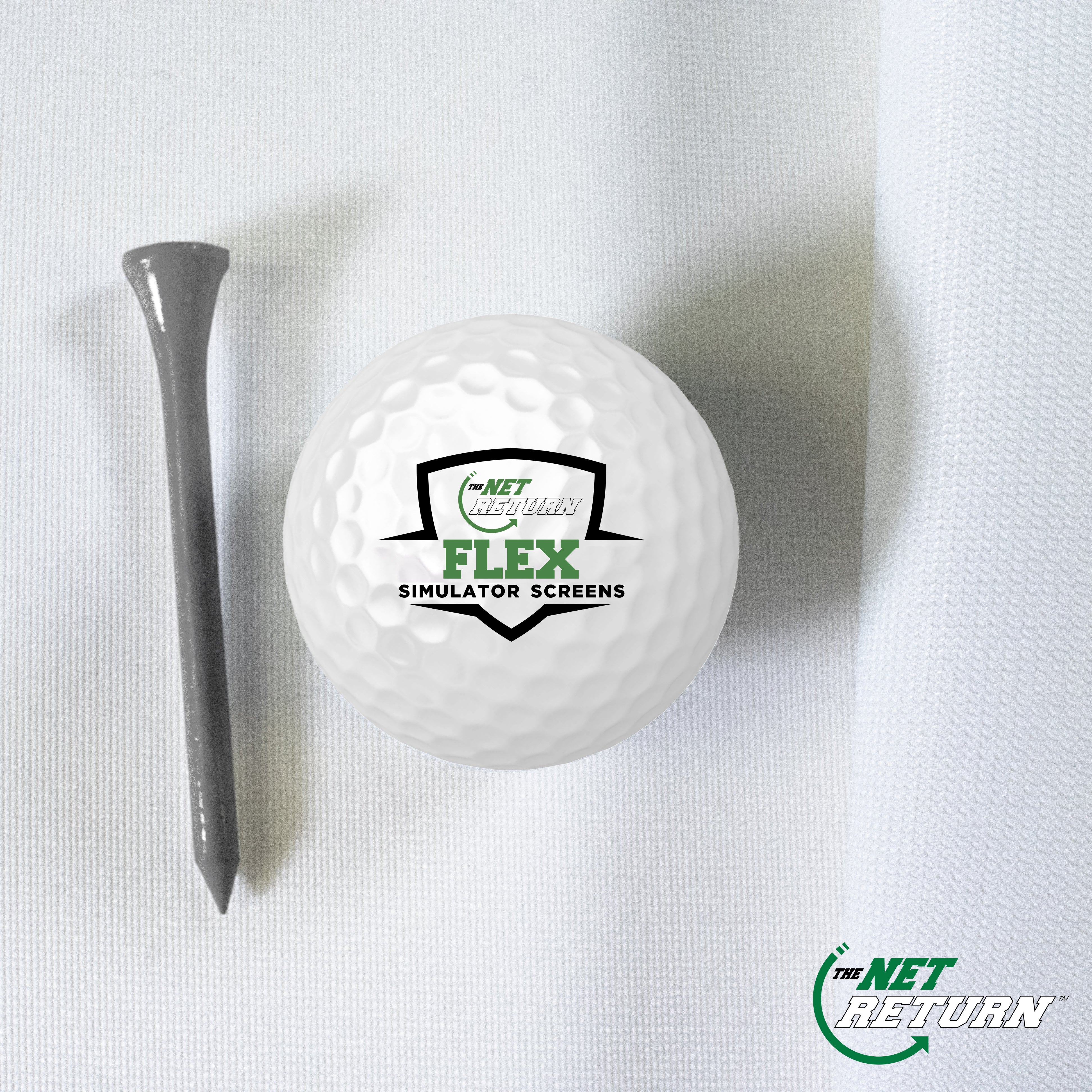 Golf ball with Flex Simulator Screens logo next to a gray tee on a white background.