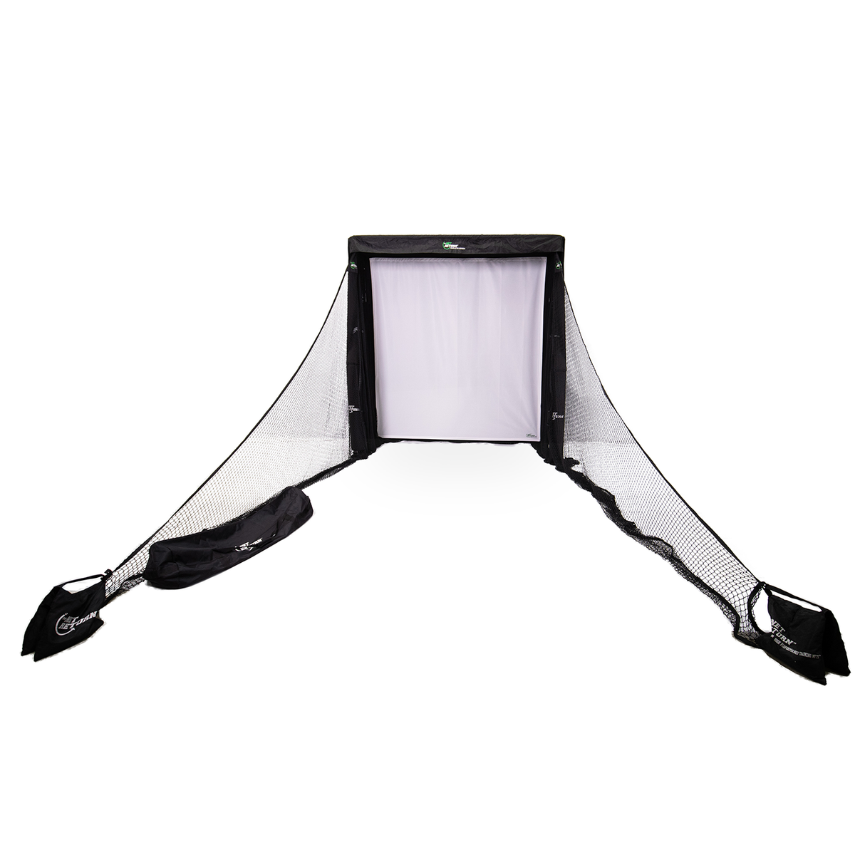 A portable golf practice net with an enclosed target area and extended side nets for ball collection.