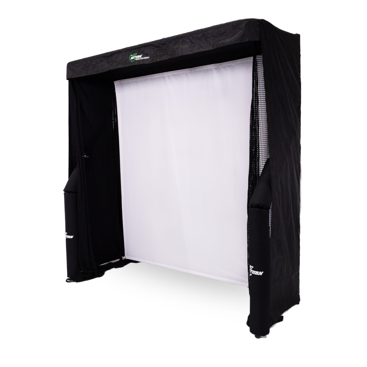 A rectangular black frame with a white screen in the center, resembling a golf simulator setup.