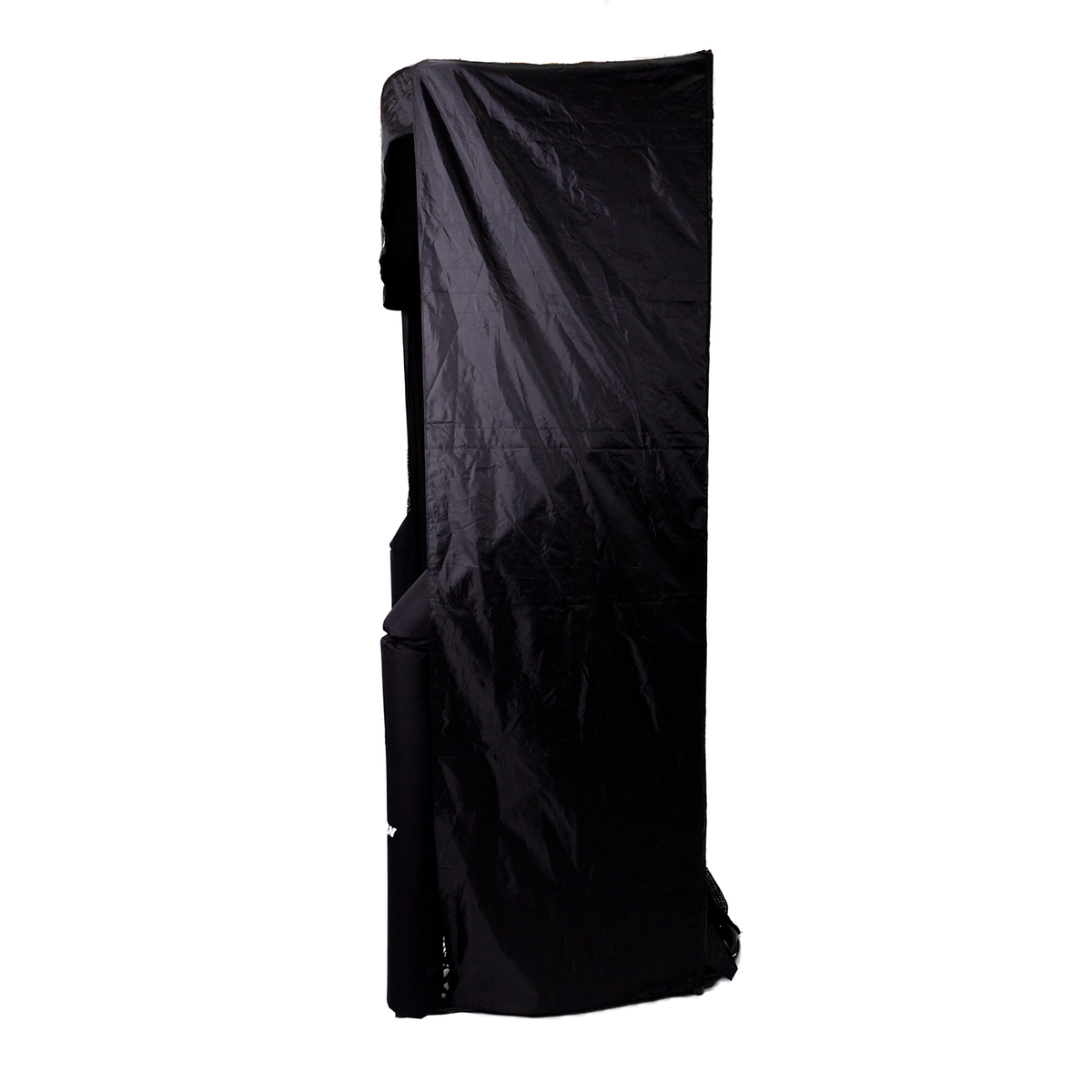 A tall object covered with a black cloth, standing upright against a white background.