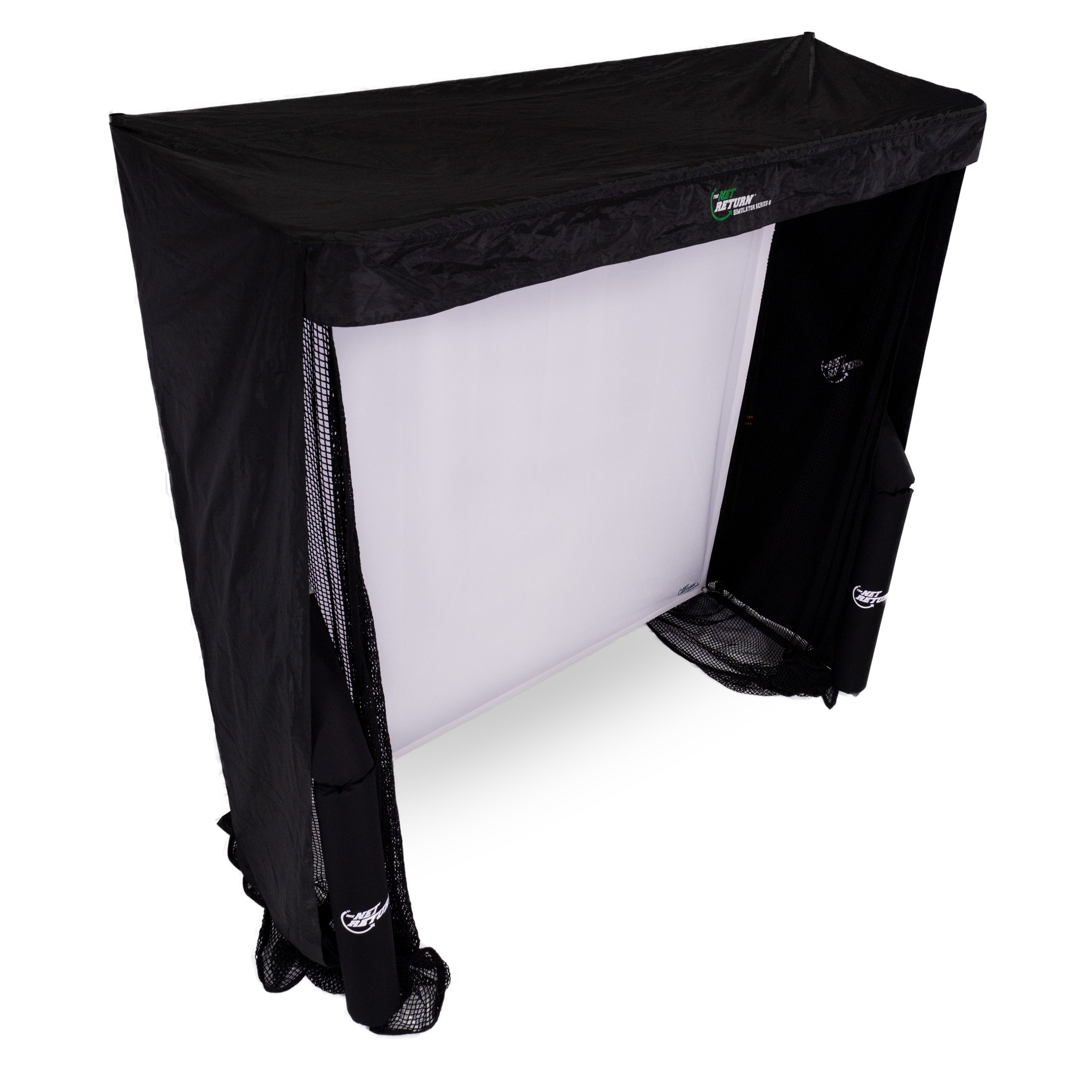 Portable golf simulation screen with black frame and side netting.