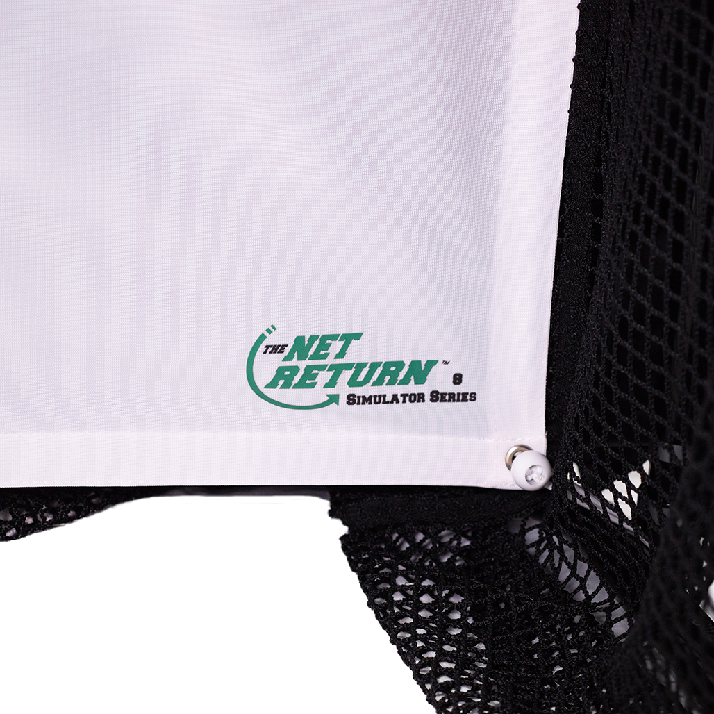 Close-up of a black netting with a white backdrop featuring the logo "The Net Return Simulator Series.