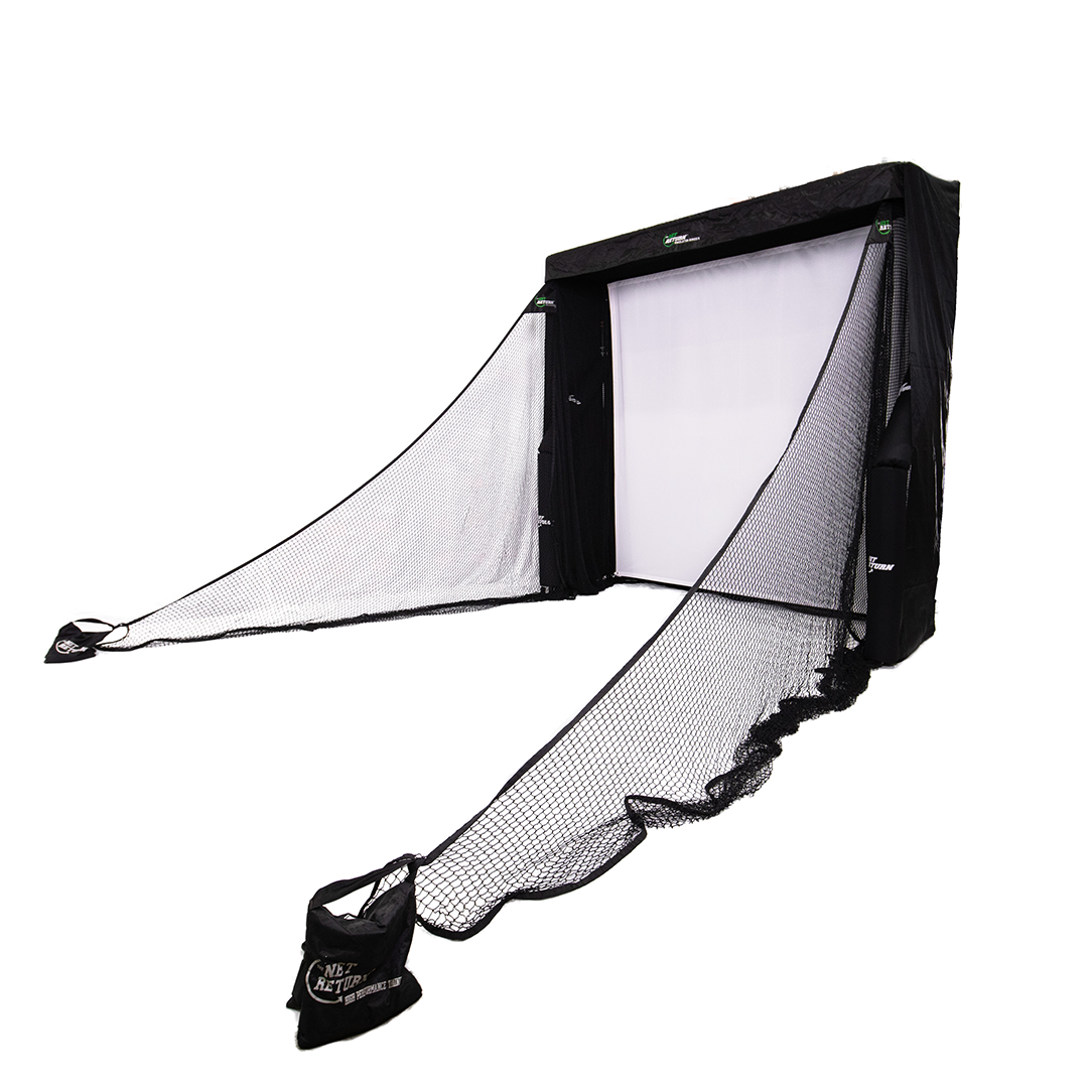 A black golf practice net with a target screen in the center and extended side nets for catching balls.