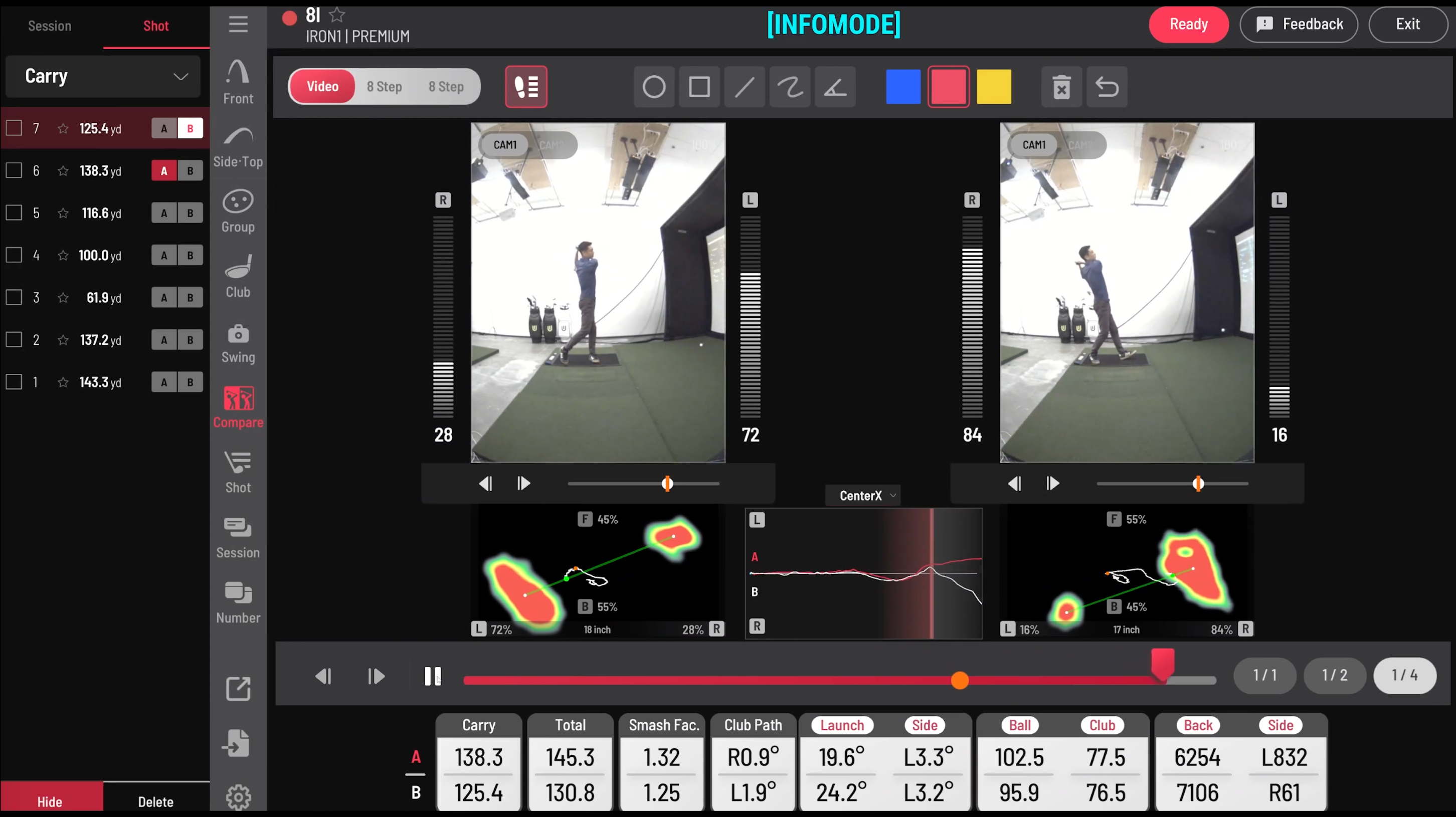 A golf performance analysis screen displays metrics such as ball speed, launch angle, and carry, along with visual heatmaps and swing video frames.