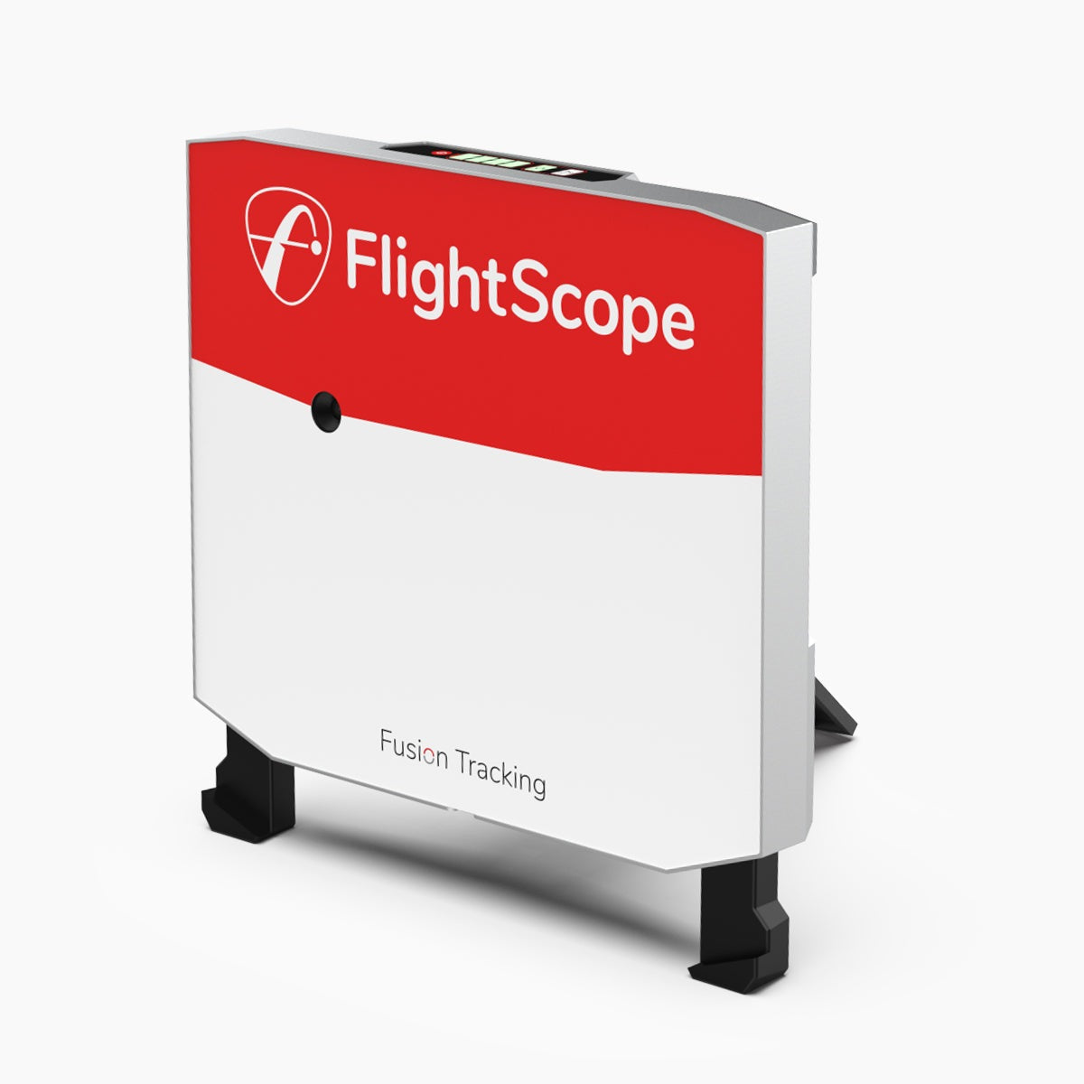 A FlightScope Golf radar device, the FlightScope X3, featuring Fusion Tracking technology and a red and white design with logo and stand.