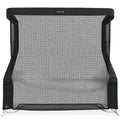Black mesh screen with a sturdy frame, featuring a curved base.