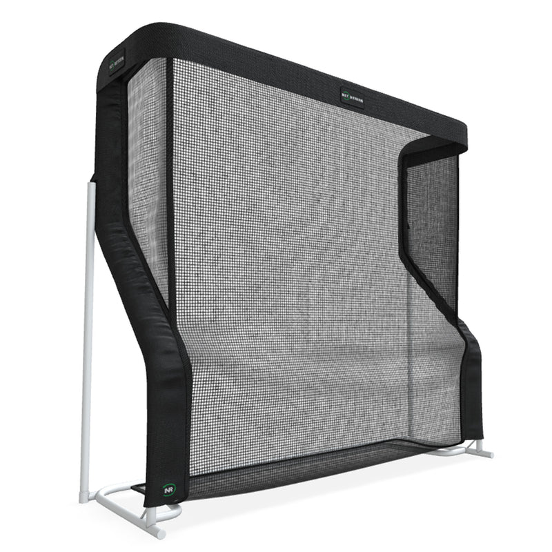Black practice golf net with a white frame, featuring a large mesh surface and protective side barriers.