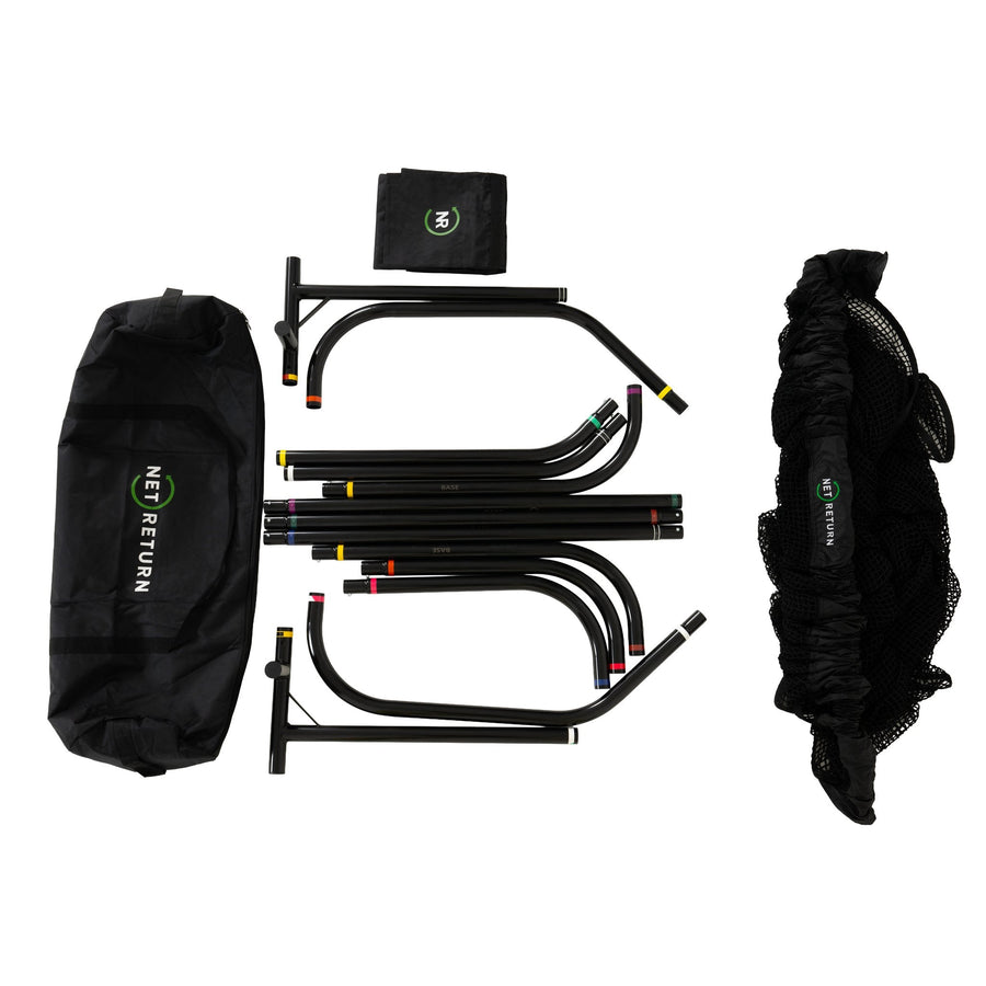 Color-coded aluminum frame sections, folded netting and duffle bag