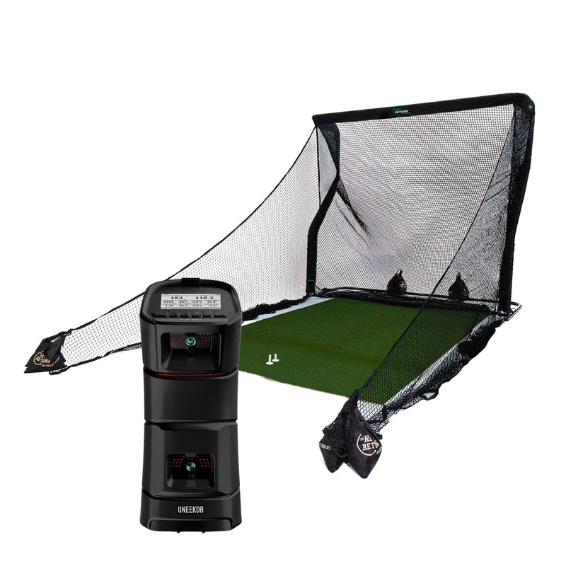A golf practice net setup with a ball return feature is shown. A digital pitching machine is positioned in front of the net.