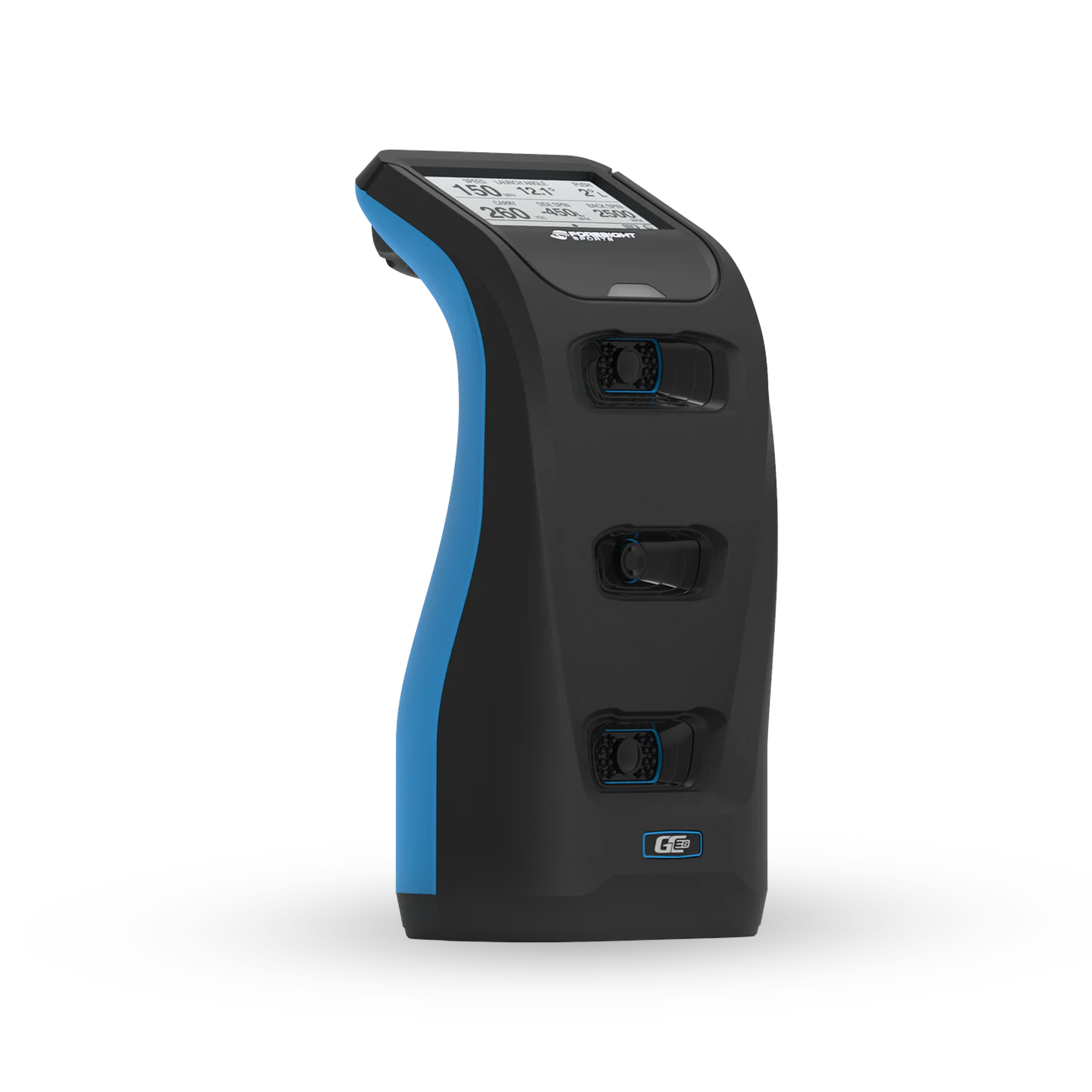 The Foresight GC3S by Foresight is a handheld device with a screen on top, three front control dials, and a black and blue curved body, shown standing upright on a white background.