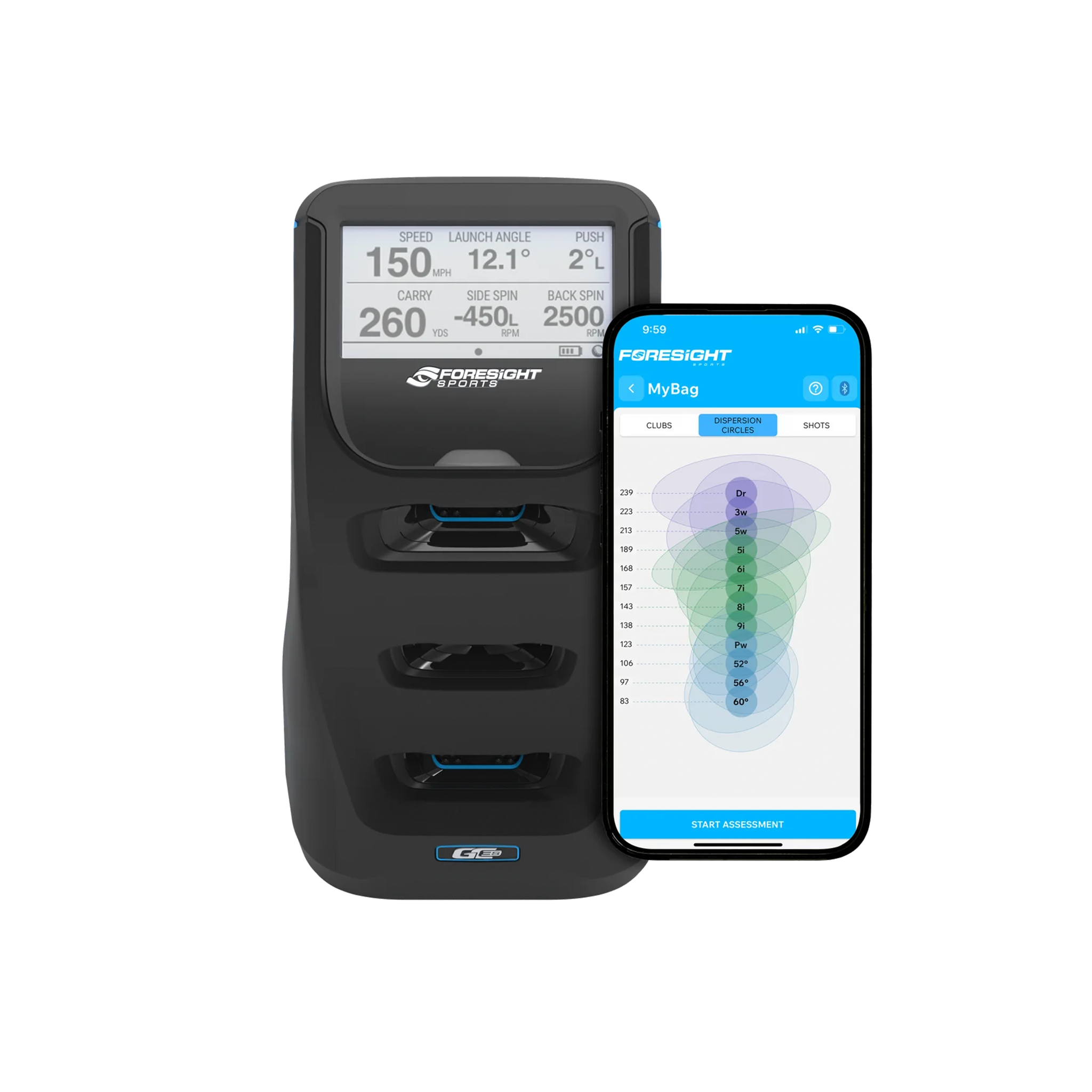 A black Foresight GC3S by Foresight displays golf shot data, positioned beside a smartphone showing a golf bag shot dispersion chart in an app.