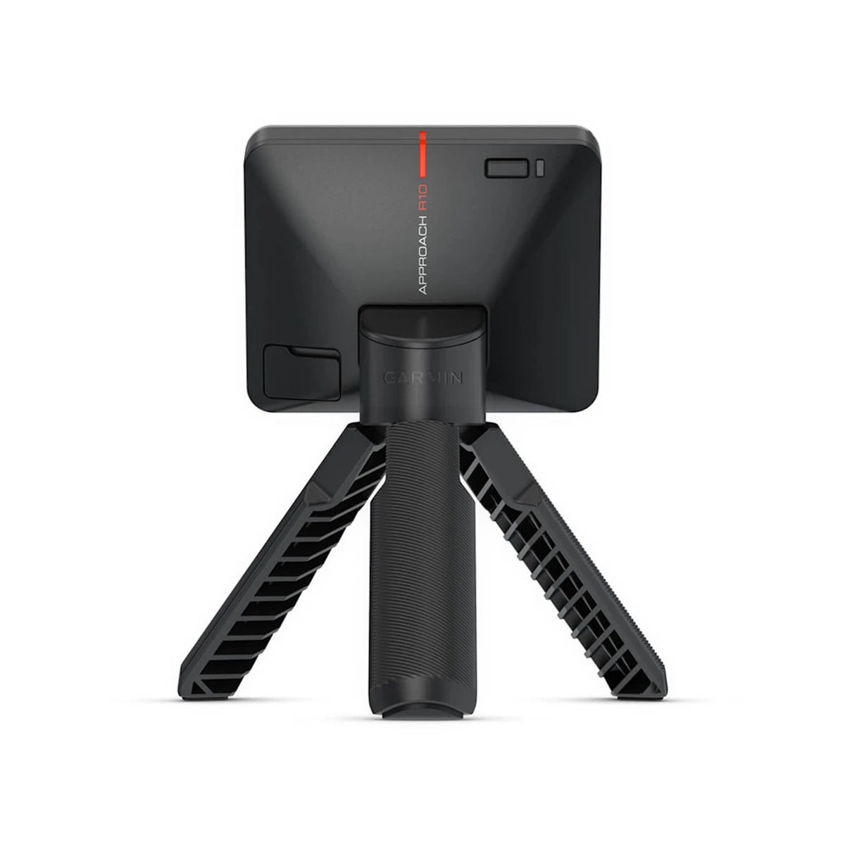 A compact black Uneekor Garmin Approach R10 portable launch monitor with a rectangular screen on a tripod, viewed from the rear against a white background—perfect for accurate stats at the driving range.