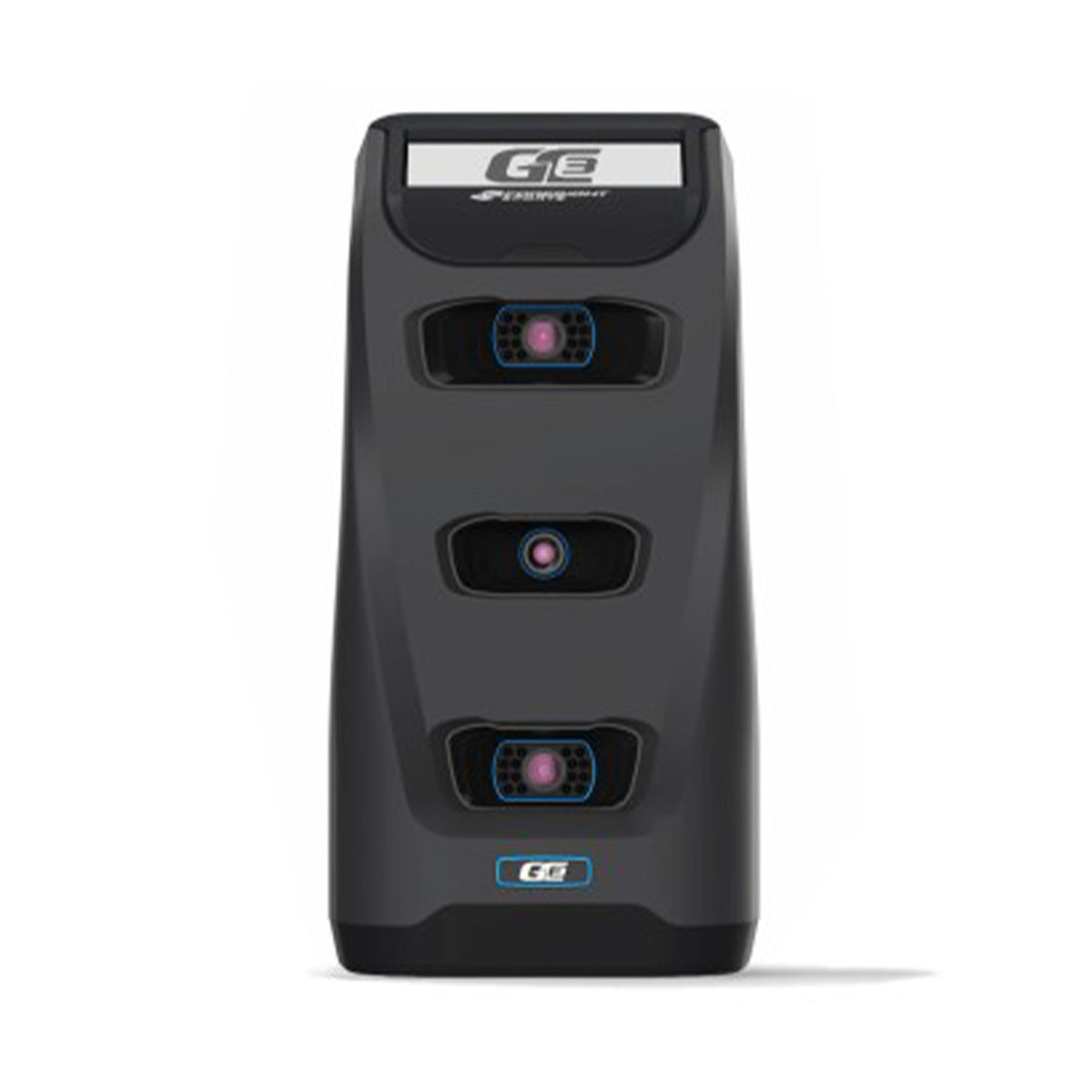 A black electronic device with three circular lenses and a display panel on top, labeled "GE.