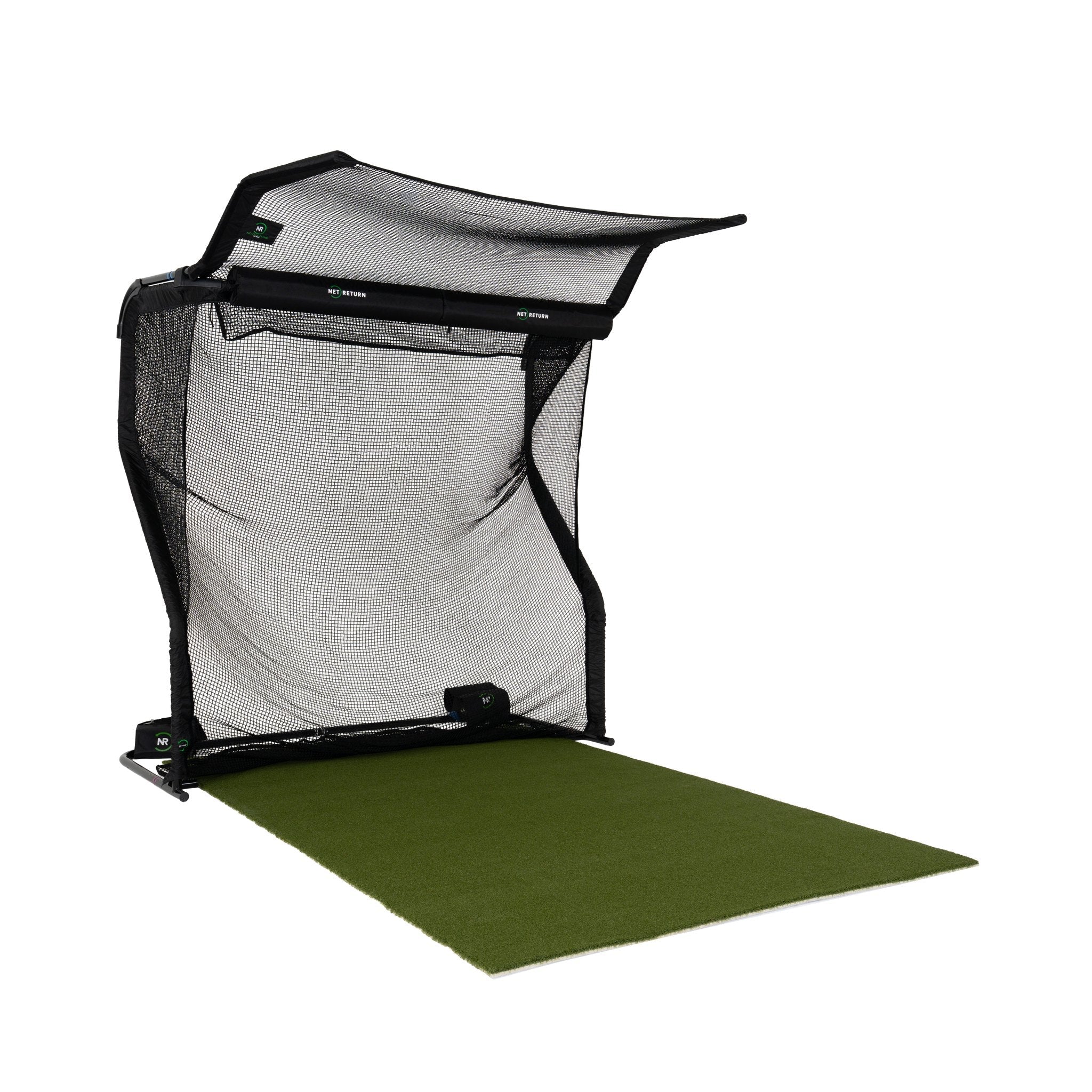 The Net Return Home Series golf net with the No Fly Zone and turf, right angled view