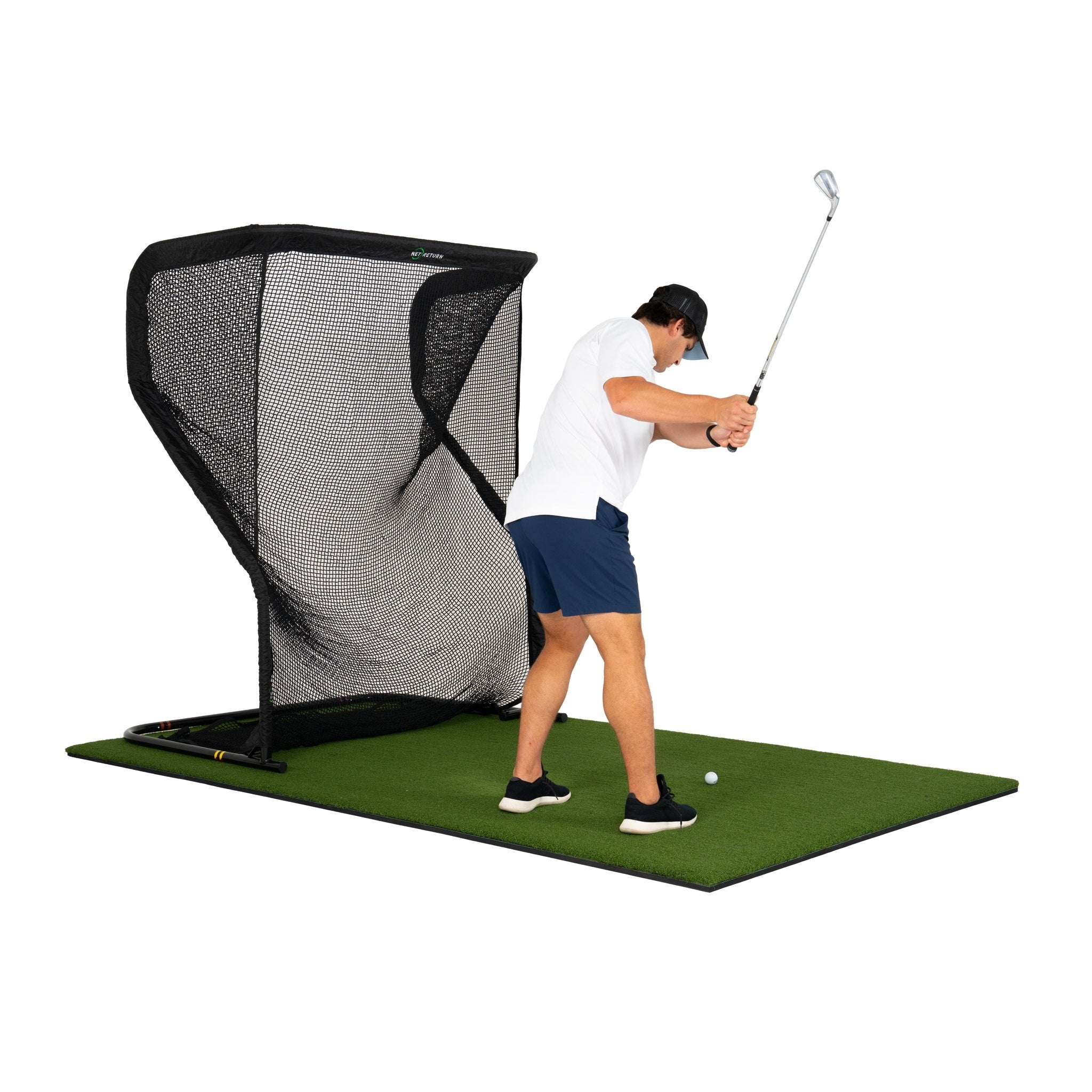 The Net Return Mini Pro golf net with turf, angled view (lifestyle)