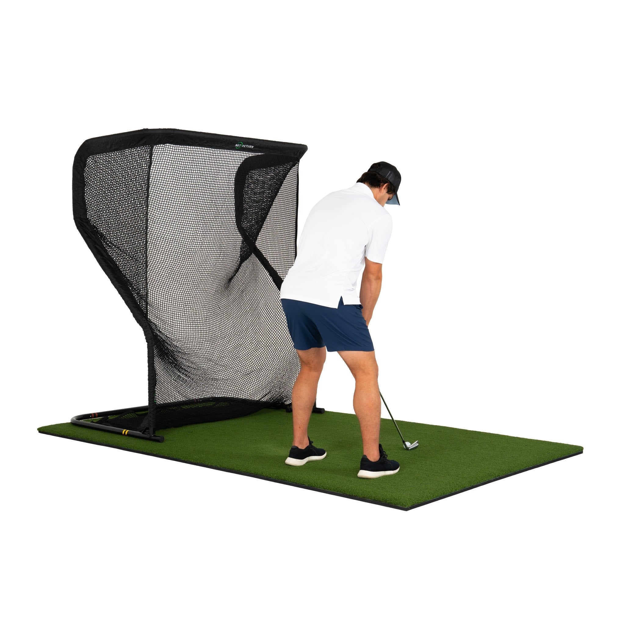 The Net Return Mini Pro golf net with turf, angled view (lifestyle)